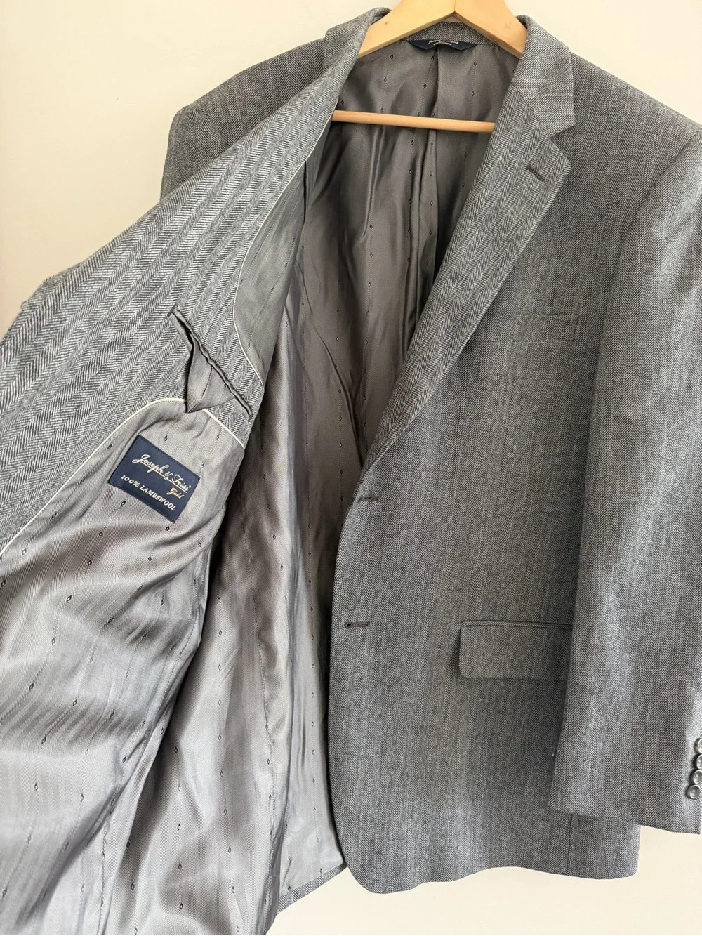 Joseph & Feiss Gold Blazer 46L Gray Herringbone Sport Coat 100% Lambswool